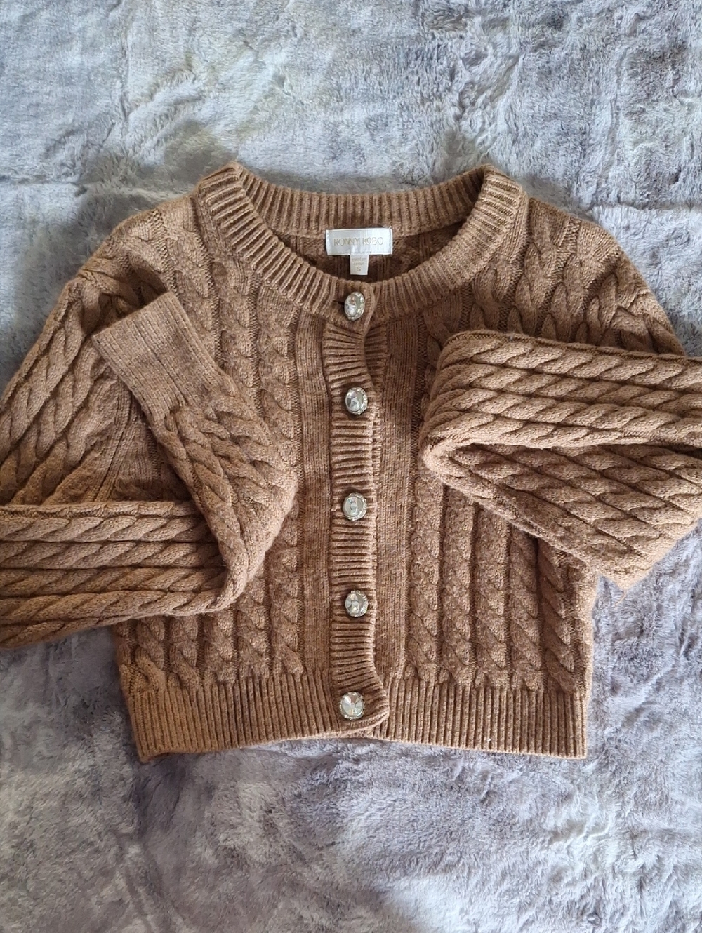NWOT Ronny Kobo Collection Cable Knit Cropped Cardigan Crystal Buttons Elegance